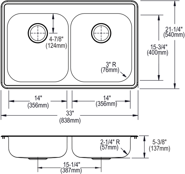 Elkay GE233214 - Dayton Stainless Steel 33" x 21-1/4" x 5-3/8", Equal Double Bowl Drop-in Sink