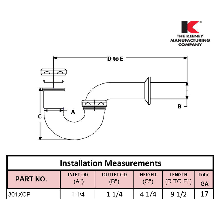 1-1/4" Adjustable Style Brass P-Trap, 17 Gauge
