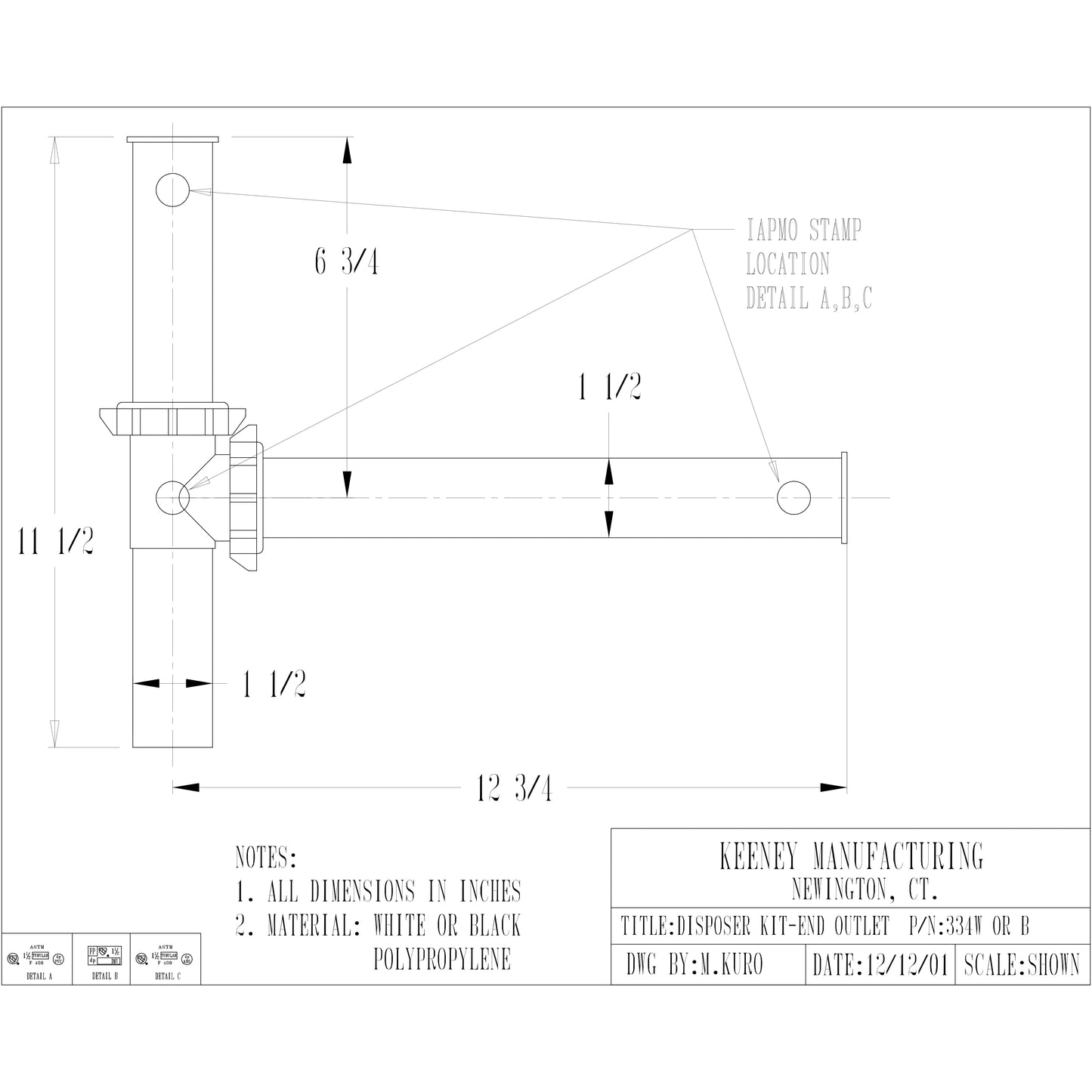 334W  - 1-1/2" Disposer Drain Kit - White Polypropylene