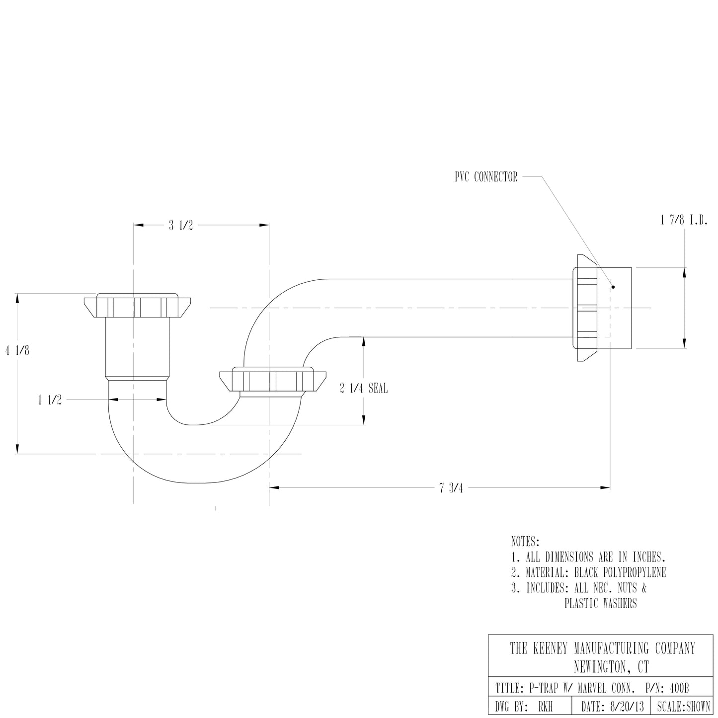 400B - 1-1/2" P-Trap with Reducing Washer and Sch 40 Marvel Connection - Black