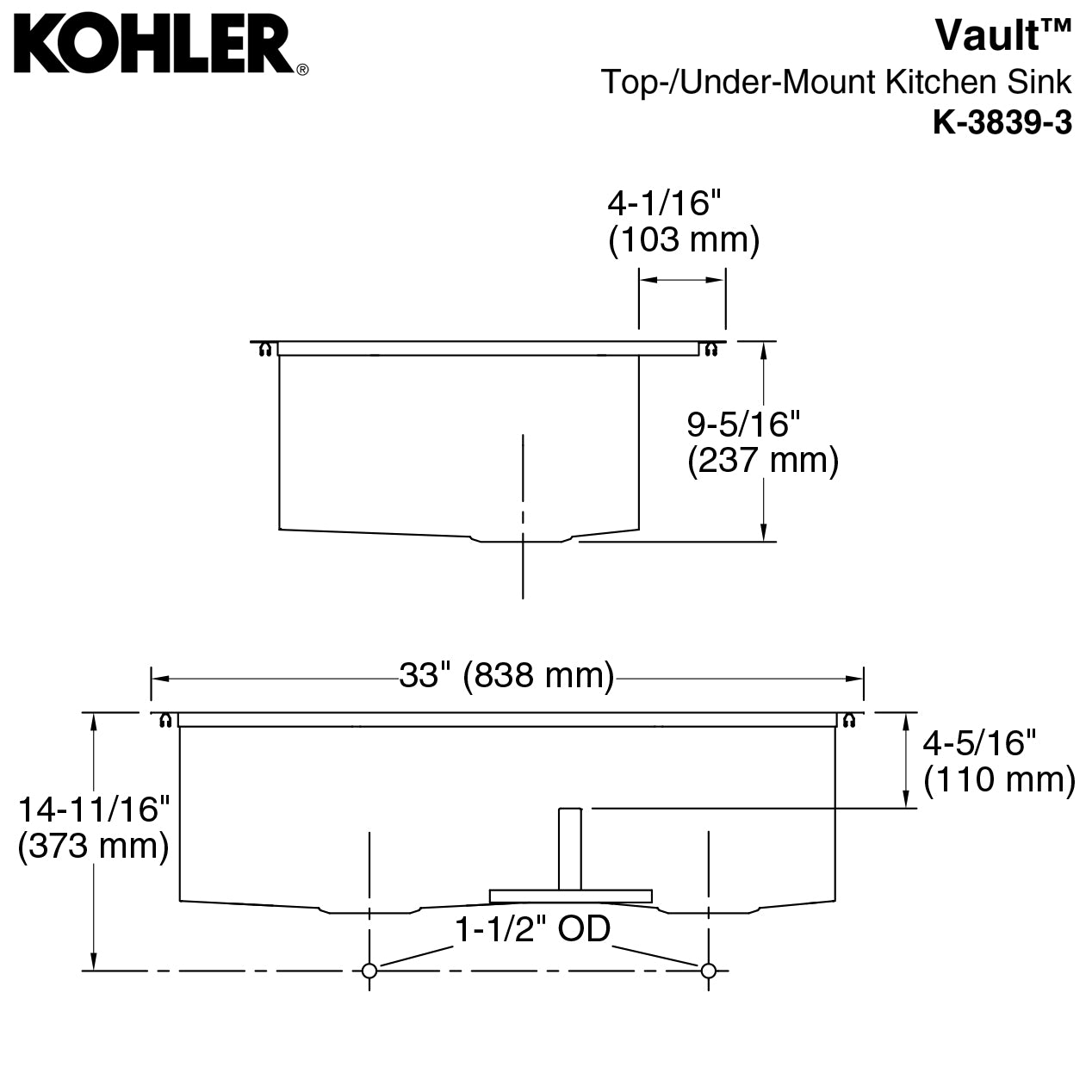 Kohler K-3839-3-NA - 33" x 22" Smart Divide Top Mount / Undermount Double Bowl Kitchen Sink, 3 Deck