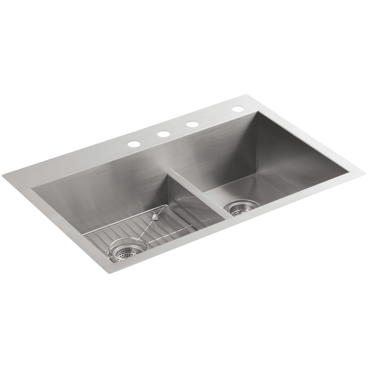 Kohler K-3839-4-NA - 33" x 22" Smart Divide Top Mount / Undermount Double Bowl Kitchen Sink, 4 Deck