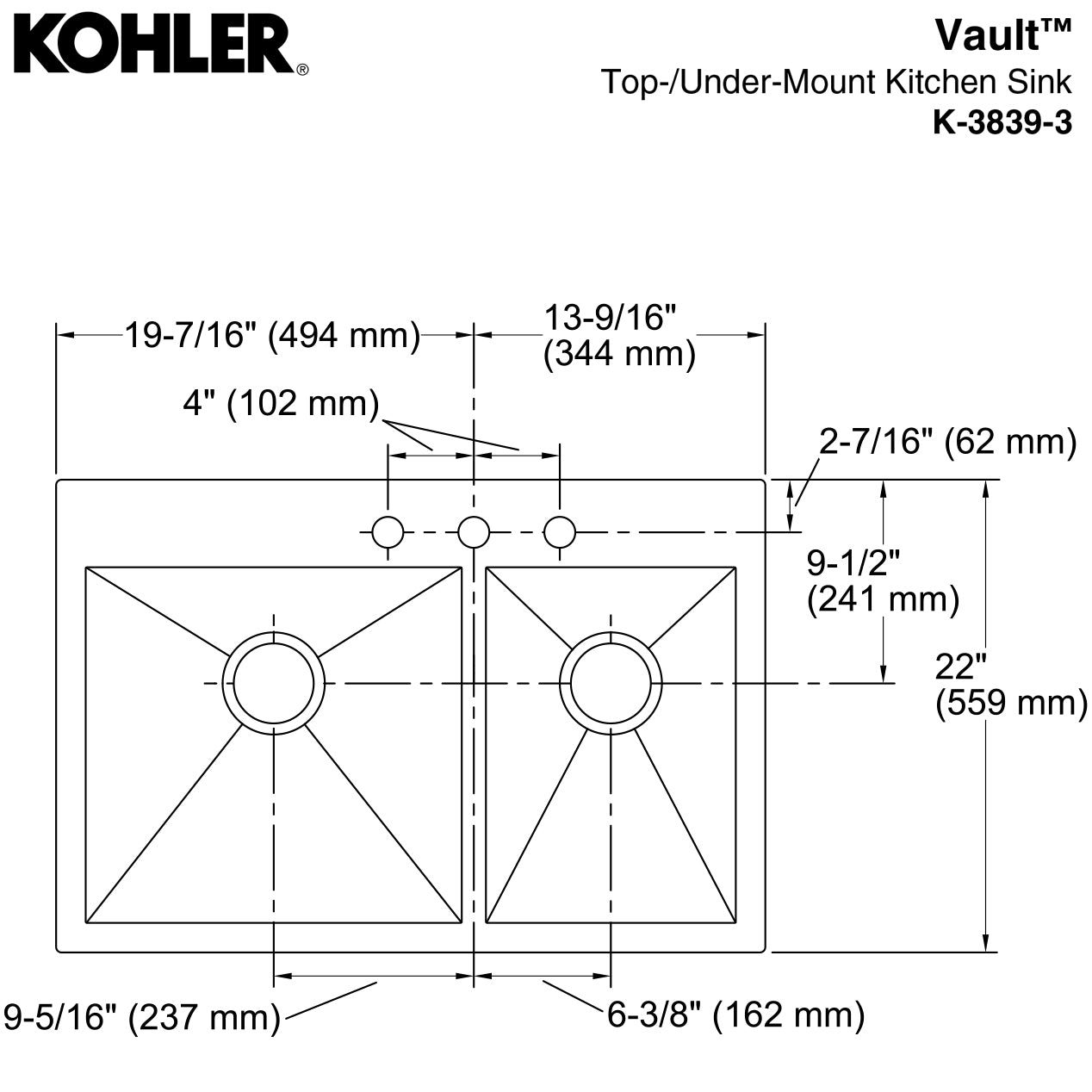 Kohler K-3839-3-NA - 33" x 22" Smart Divide Top Mount / Undermount Double Bowl Kitchen Sink, 3 Deck