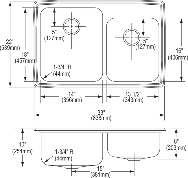 Elkay LGR33224 - Elkay Lustertone Classic Stainless Steel 33" x 22" x 10", Offset Double Bowl Drop-i