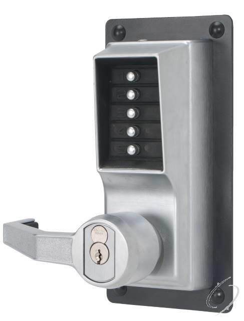 Left Hand Mechanical Pushbutton Exit Trim Lever Lock with Key Override; Best Prep Satin Chrome Fini