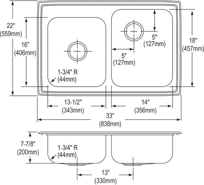 Elkay LR250L2 - Elkay Lustertone Classic Stainless Steel 33" x 22" x 7-7/8", Offset Double Bowl Drop