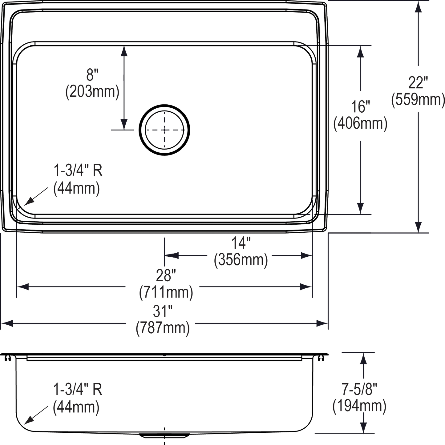 Elkay LR31224 - Elkay Lustertone Classic Stainless Steel 31" x 22" x 7-5/8", Single Bowl Drop-in Sin