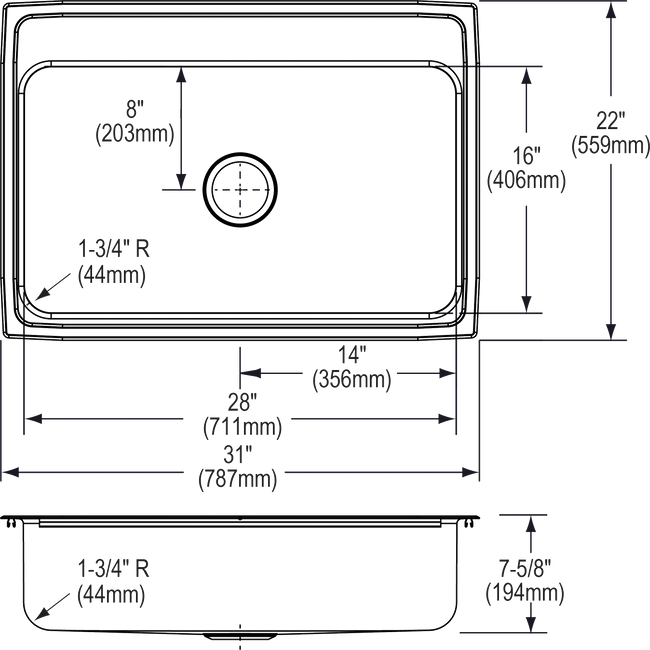 Elkay LR31224 - Elkay Lustertone Classic Stainless Steel 31" x 22" x 7-5/8", Single Bowl Drop-in Sin