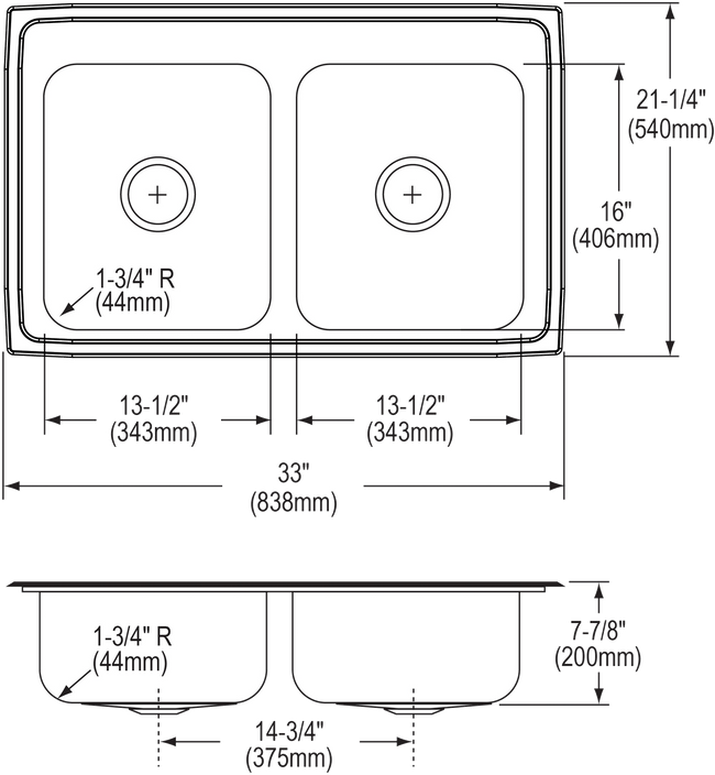 Elkay LR33213 - Elkay Lustertone Classic Stainless Steel 33" x 21-1/4" x 7-7/8", Equal Double Bowl D