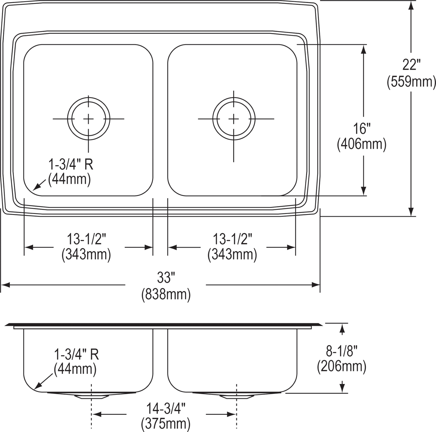 Elkay LR33224 - Elkay Lustertone Classic Stainless Steel 33" x 22" x 8-1/8", Equal Double Bowl Drop-