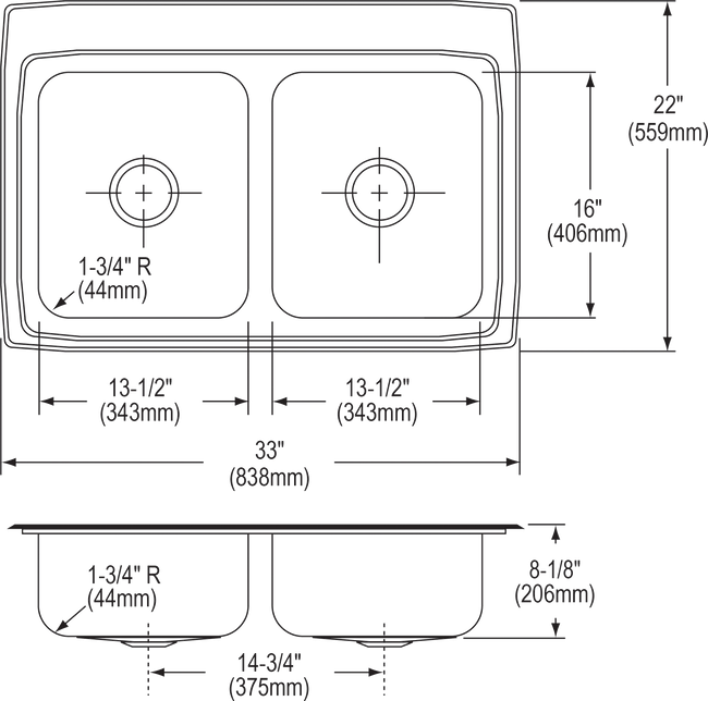 Elkay LR33224 - Elkay Lustertone Classic Stainless Steel 33" x 22" x 8-1/8", Equal Double Bowl Drop-