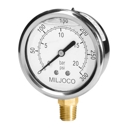 Miljoco PLF2598L - 2-1/2" Stainless Steel Liquid Filled Pressure Gauge, Brass Wetted Parts