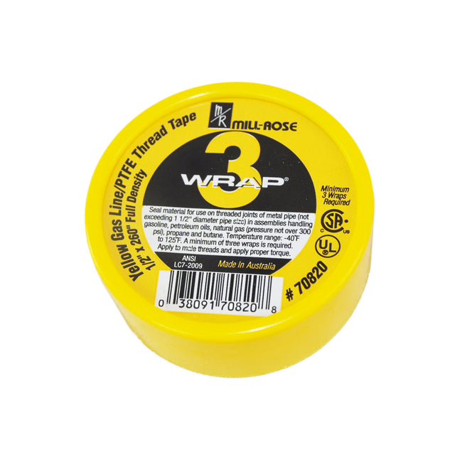 70820 - PTFE 3-Wrap Yellow Gas Thread Seal Tape - 1/2" x 260"