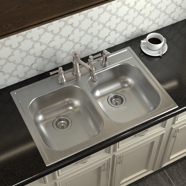 2000 Series 33" x 22" Stainless Steel 20 Gauge Double Bowl Drop In Sink, 4 Holes, Center Drain