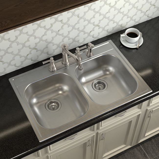 GS202134Q - 2000 Series 33" x 22" Stainless Steel 20 Gauge Double Bowl Drop In Sink, 4 Holes, Center Drain