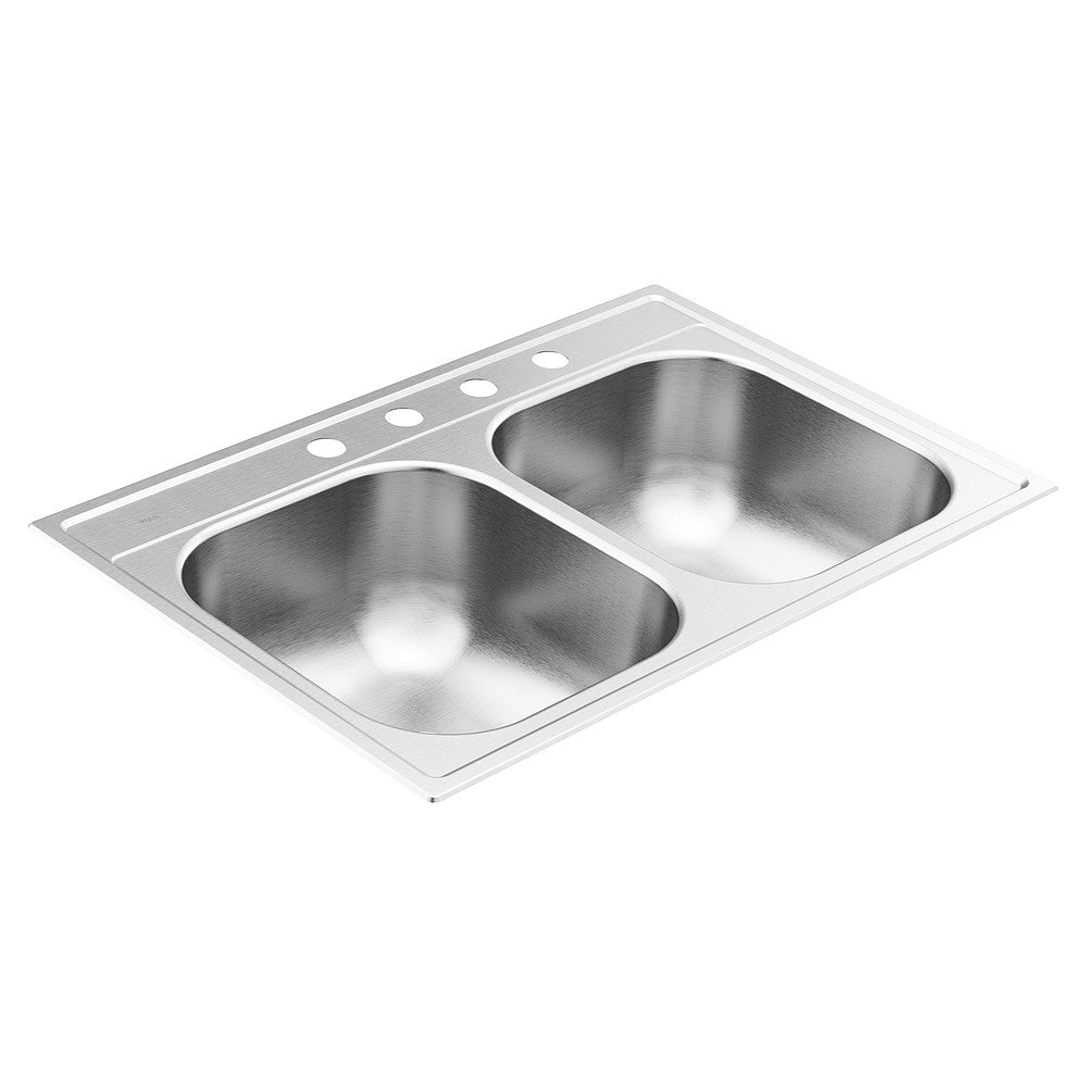 2000 Series 33" x 22" Stainless Steel 20 Gauge Double Bowl Drop In Sink, 4 Holes, Center Drain