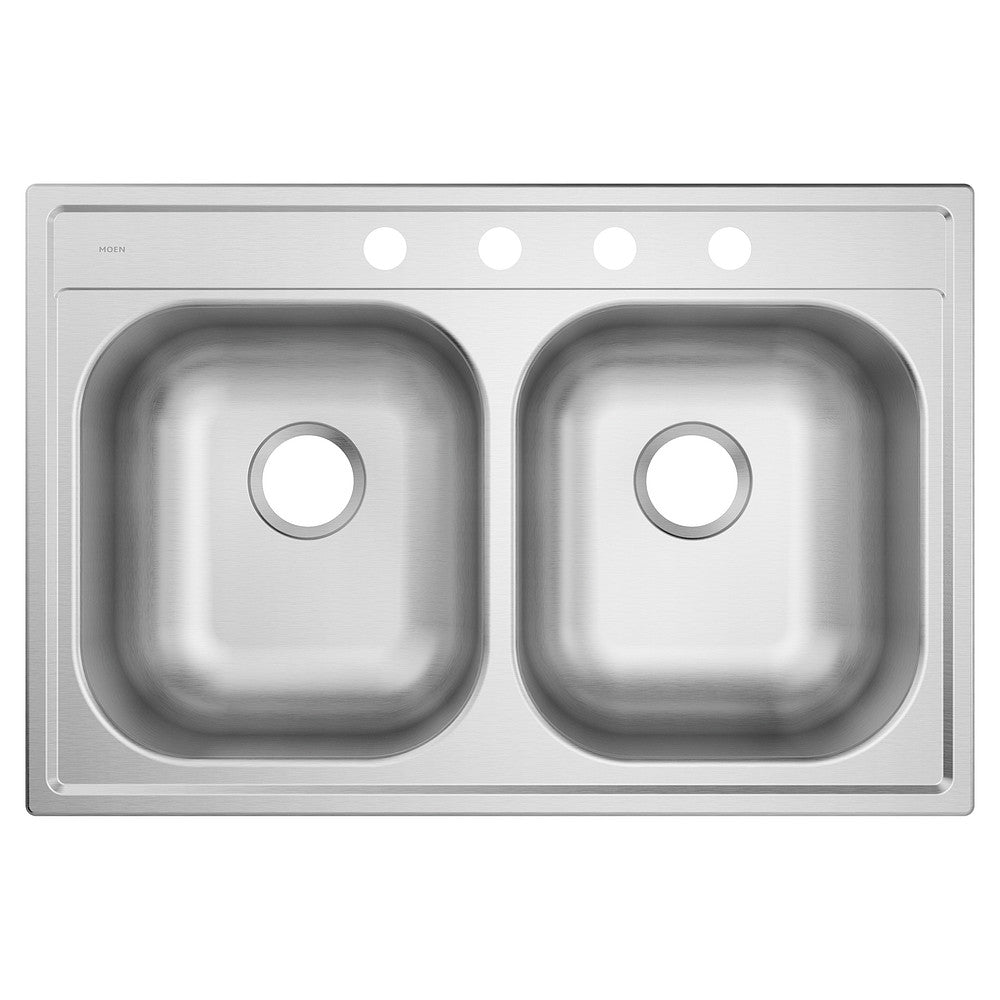 2000 Series 33" x 22" Stainless Steel 20 Gauge Double Bowl Drop In Sink, 4 Holes, Rear Drain