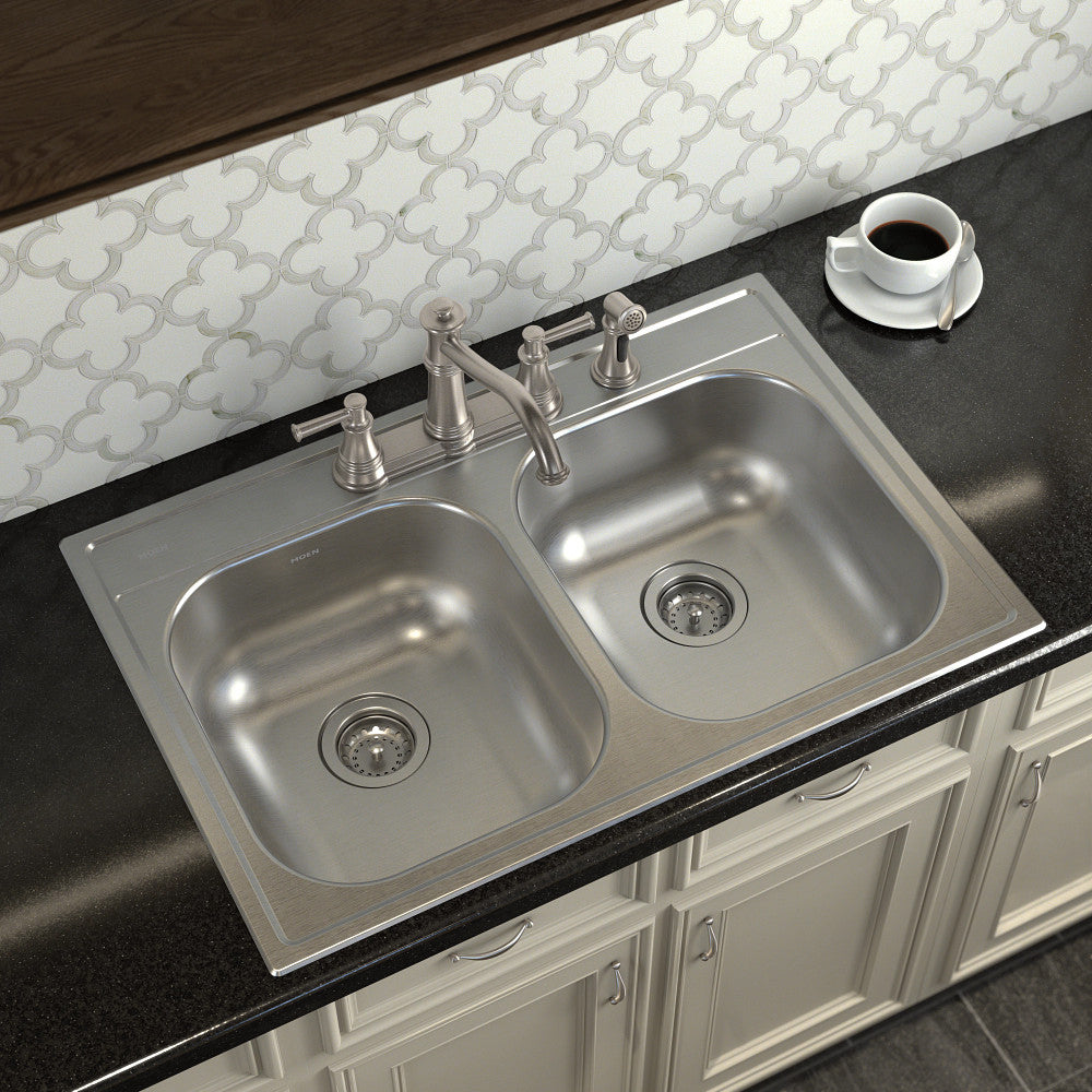 2000 Series 33" x 22" Stainless Steel 20 Gauge Double Bowl Drop In Sink, 4 Holes, Rear Drain