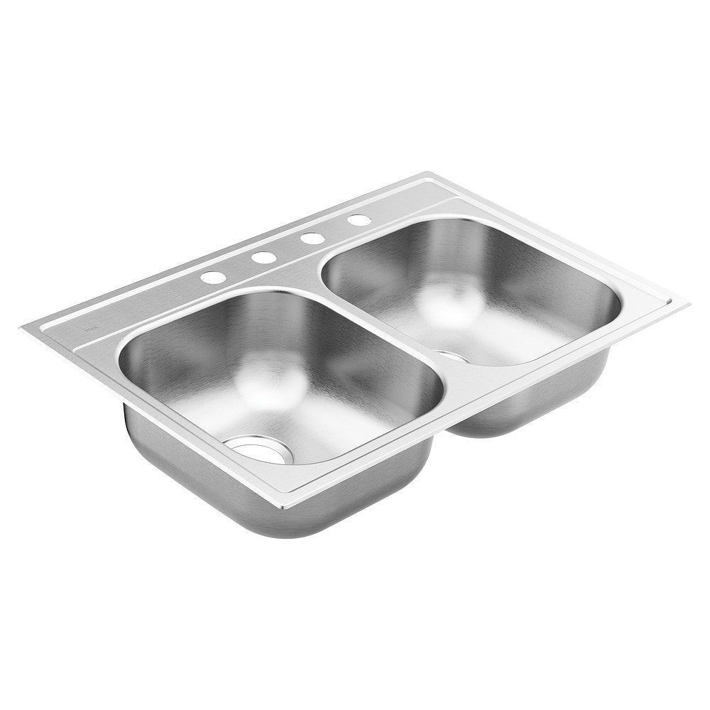 2000 Series 33" x 22" Stainless Steel 20 Gauge Double Bowl Drop In Sink, 4 Holes, Rear Drain