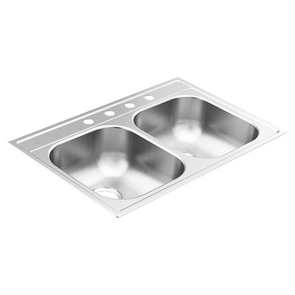 2000 Series 33" x 22" Stainless Steel 20 Gauge Double Bowl Drop In Sink, 4 Holes, Rear Drain