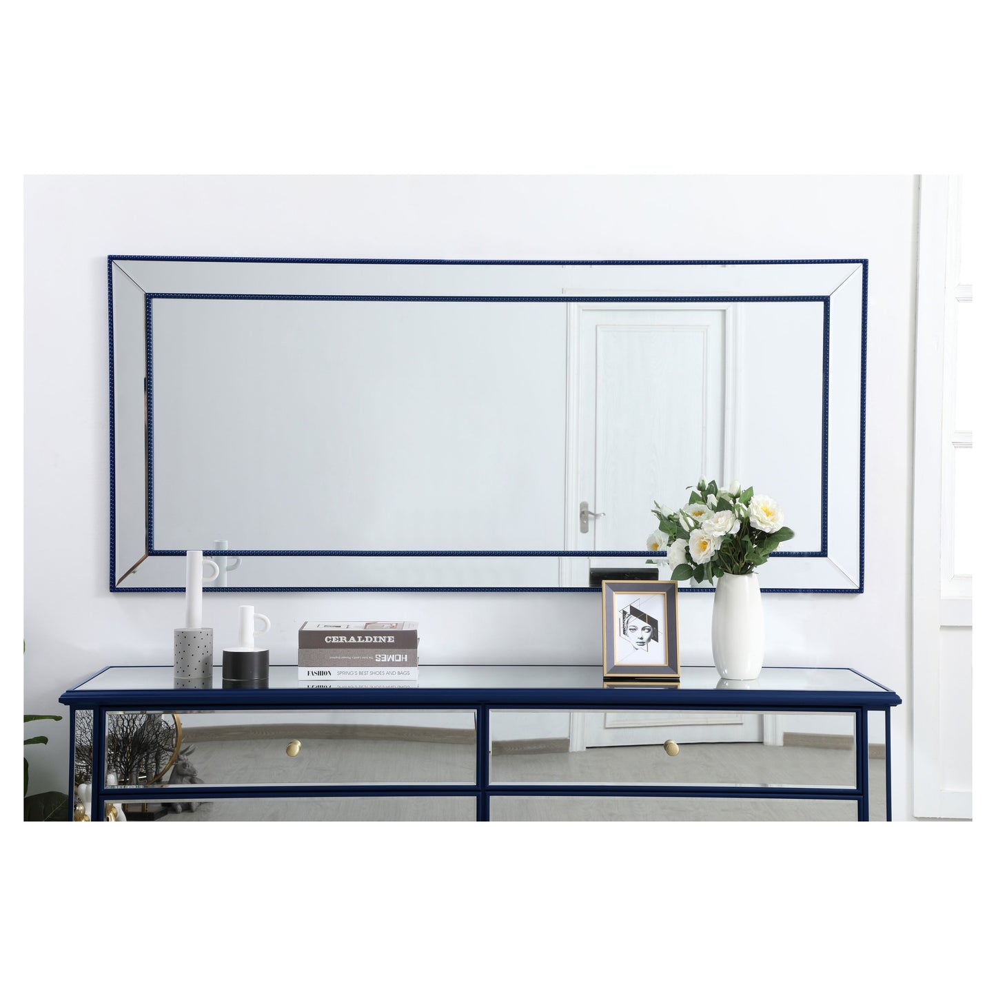 MR33272BL Iris 72" x 32" Beaded Frame Mirror in Blue