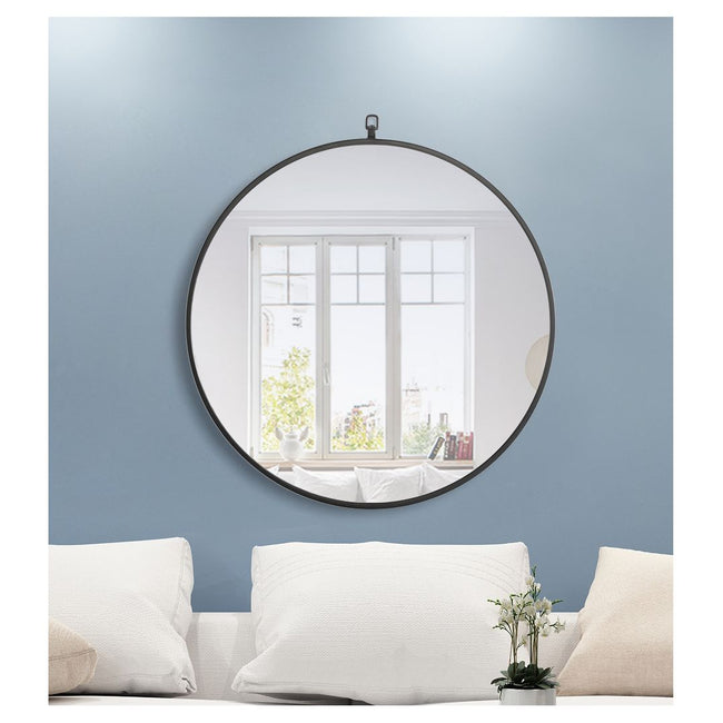 MR4054BK Rowan 28" x 28" Metal Framed Round Mirror with Decorative Hook in Black