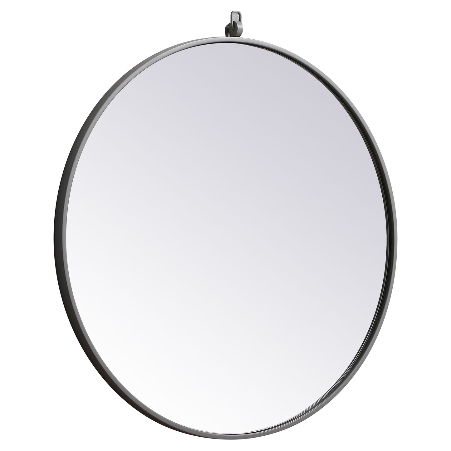 MR4054GR Rowan 28" x 28" Metal Framed Round Mirror with Decorative Hook in Grey