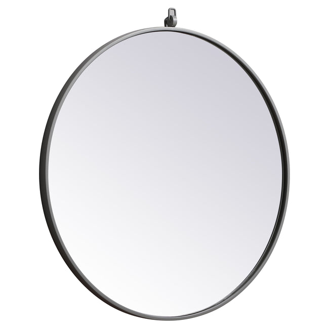 MR4054GR Rowan 28" x 28" Metal Framed Round Mirror with Decorative Hook in Grey