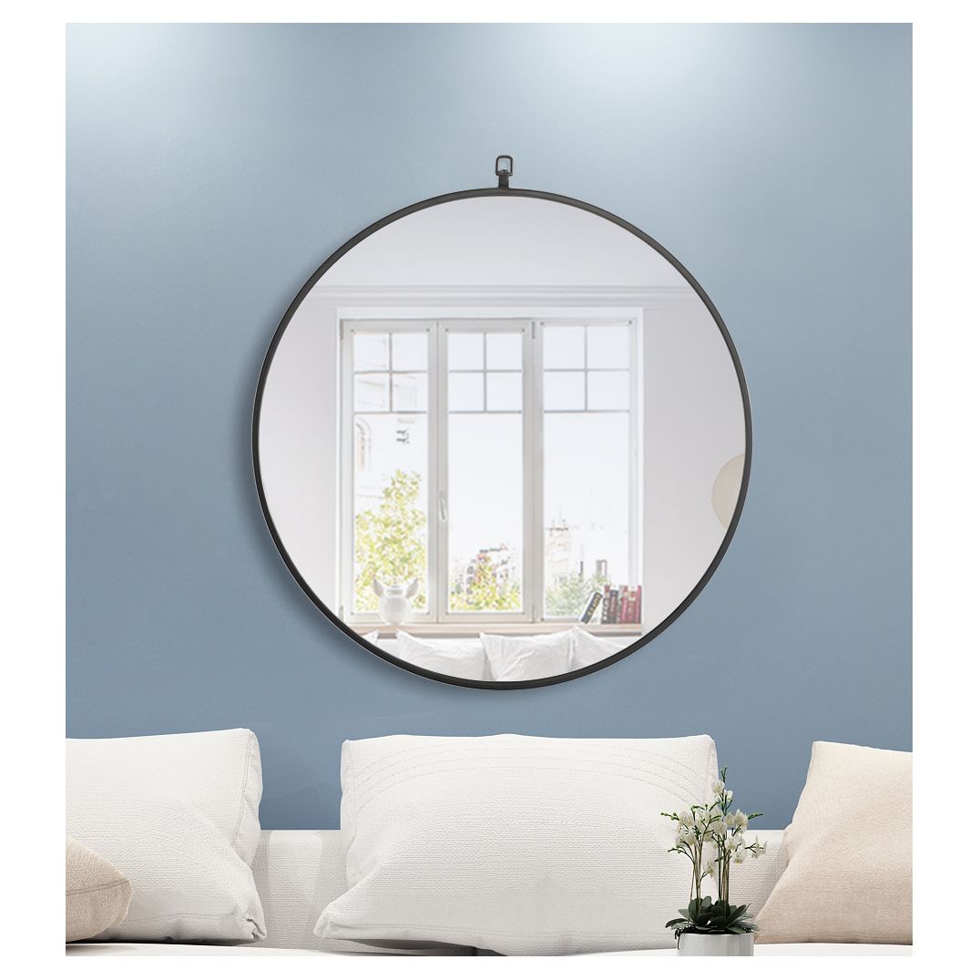 MR4054BK Rowan 28" x 28" Metal Framed Round Mirror with Decorative Hook in Black
