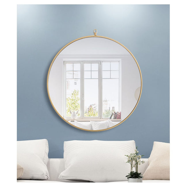 MR4055BR Rowan 28" x 28" Metal Framed Round Mirror with Decorative Hook in Brass