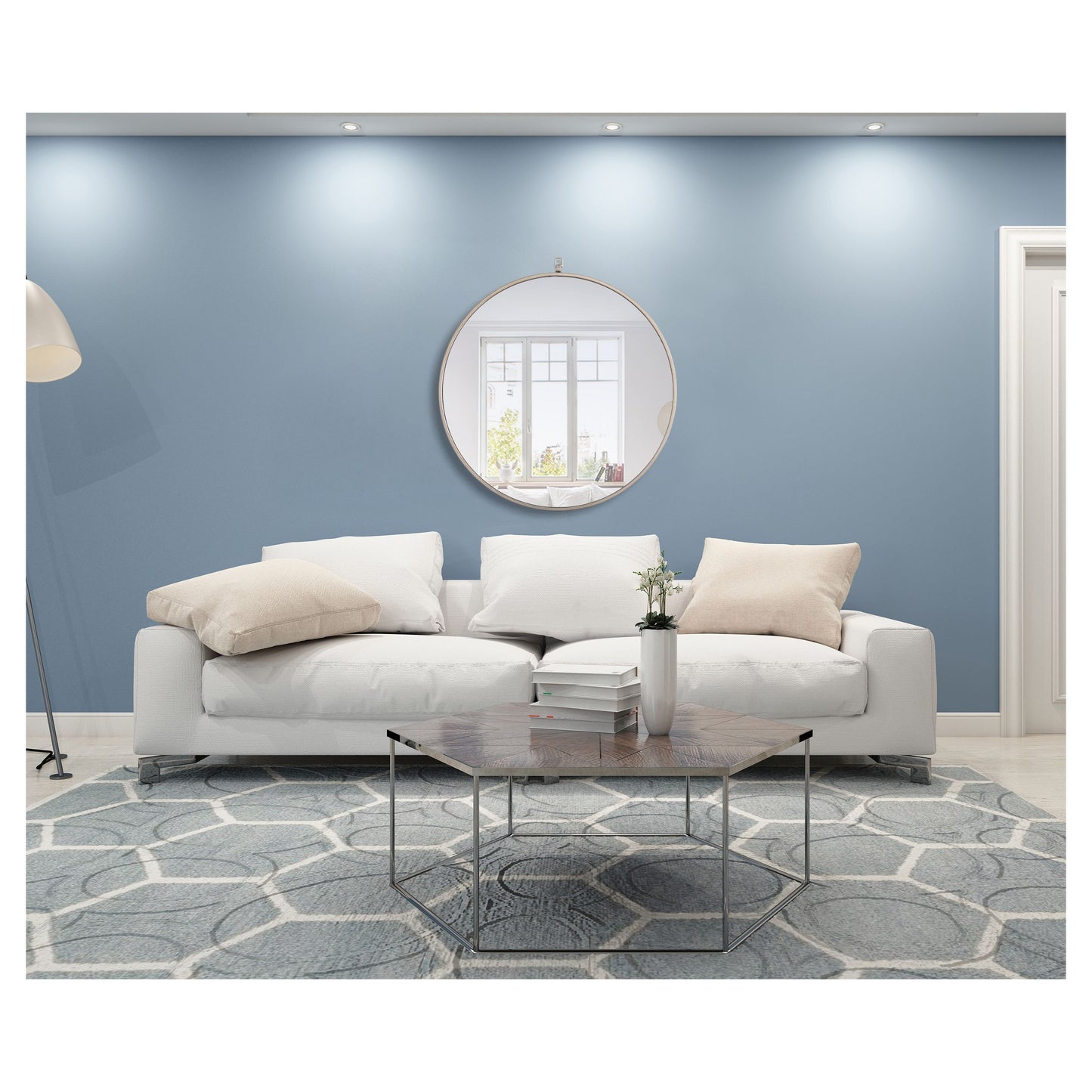 MR4056S Rowan 28" x 28" Metal Framed Round Mirror with Decorative Hook in Silver