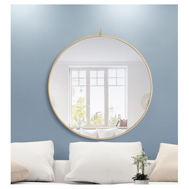 MR4058BR Rowan 32" x 32" Metal Framed Round Mirror with Decorative Hook in Brass