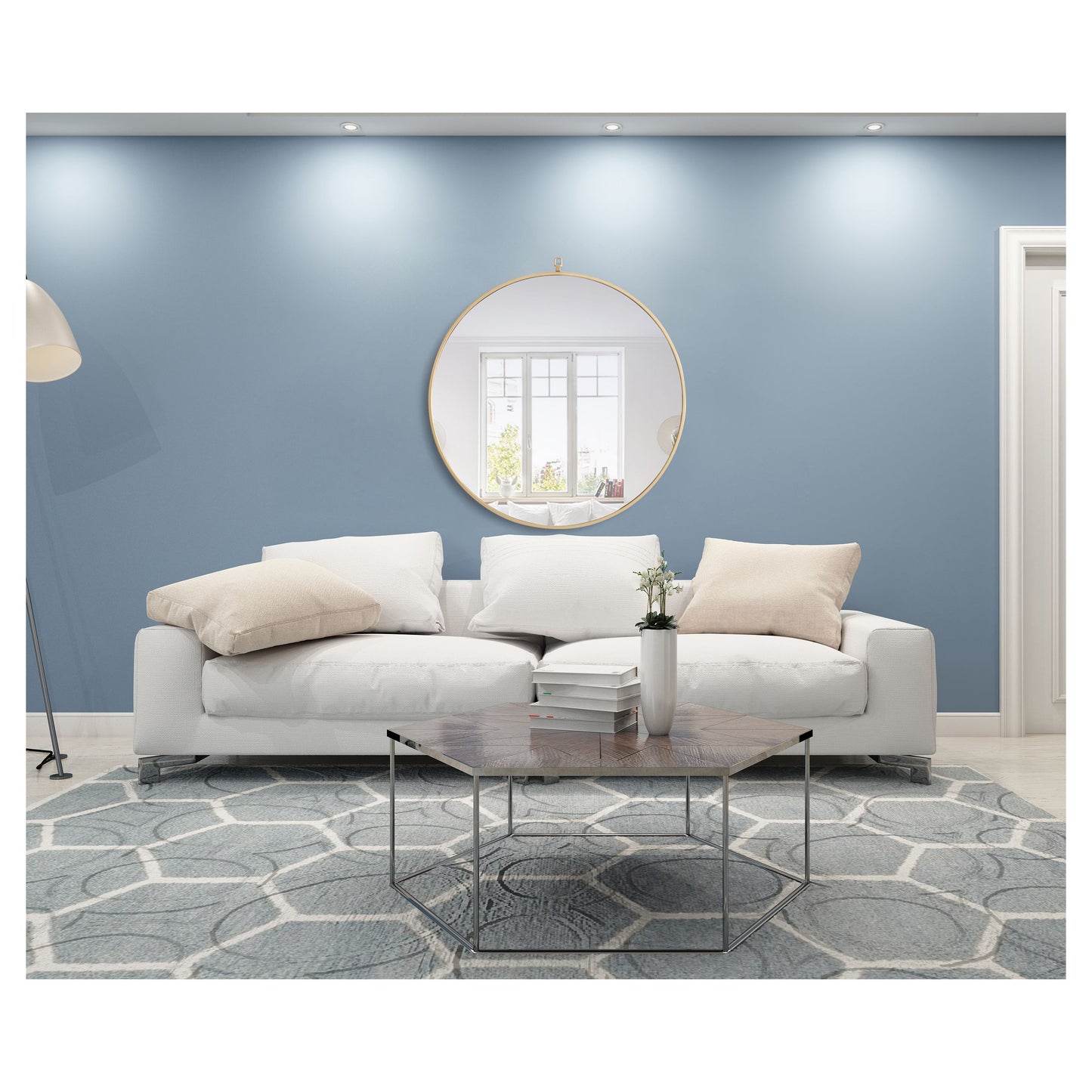 MR4058BR Rowan 32" x 32" Metal Framed Round Mirror with Decorative Hook in Brass