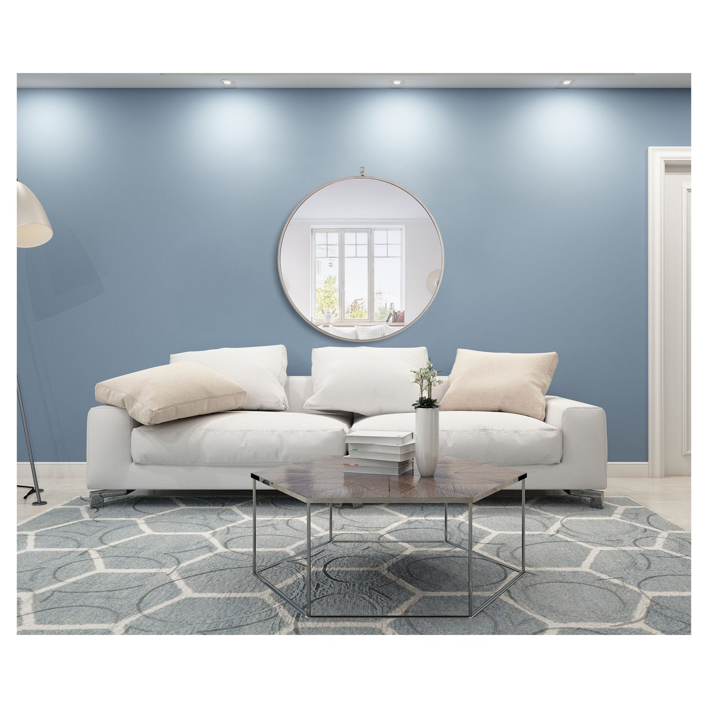 MR4059S Rowan 32" x 32" Metal Framed Round Mirror with Decorative Hook in Silver