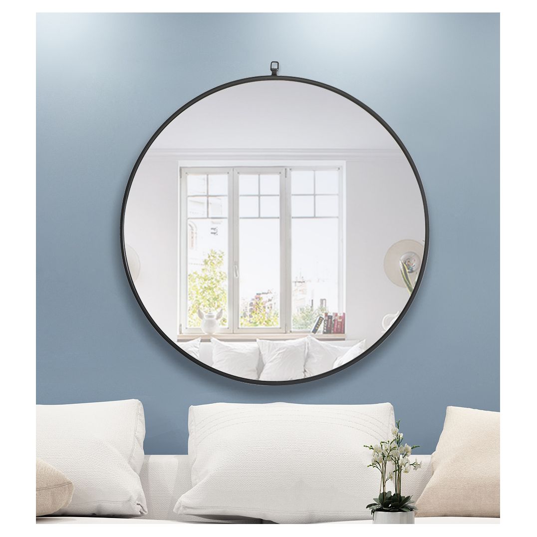 MR4061BK Rowan 36" x 36" Metal Framed Round Mirror with Decorative Hook in Black