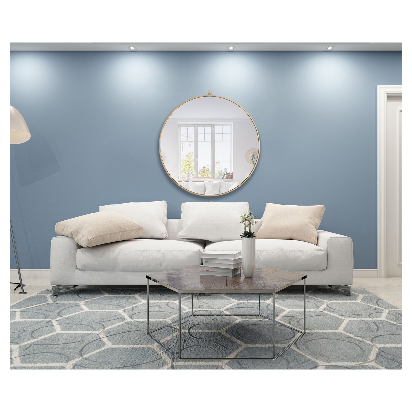 MR4062BR Rowan 36" x 36" Metal Framed Round Mirror with Decorative Hook in Brass