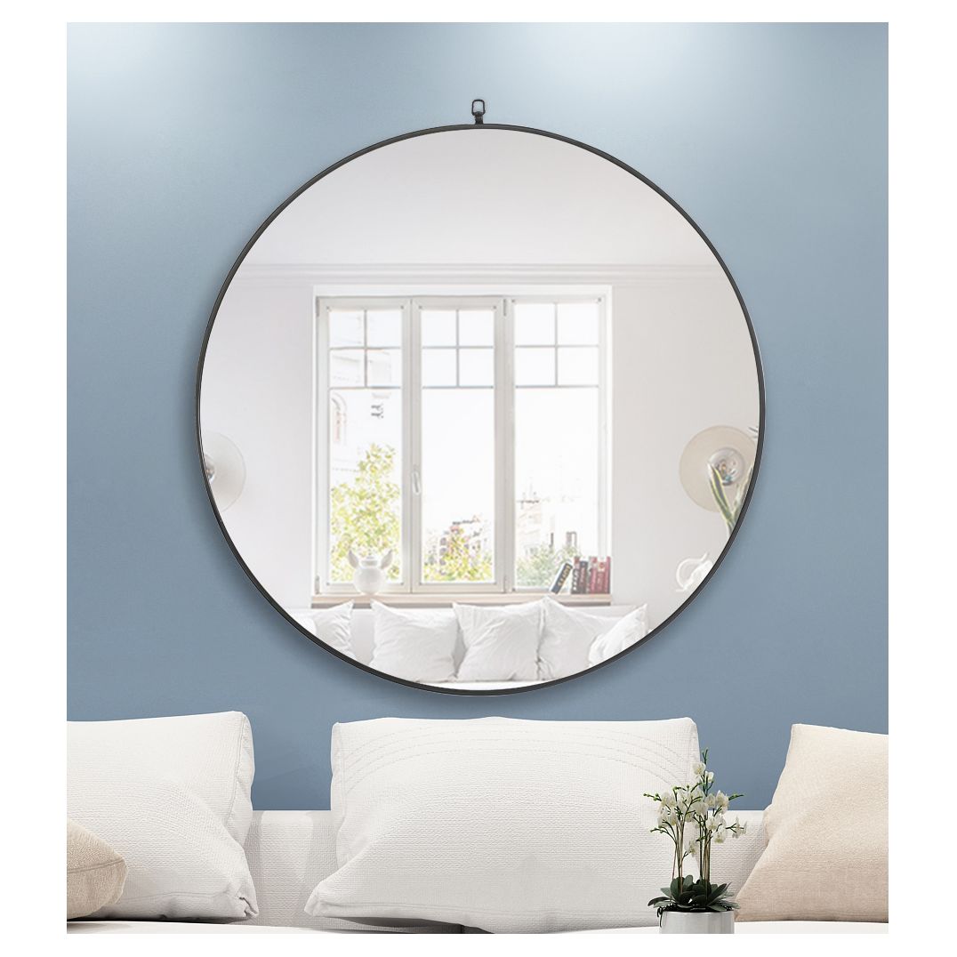 MR4064BK Rowan 42" x 42" Metal Framed Round Mirror with Decorative Hook in Black