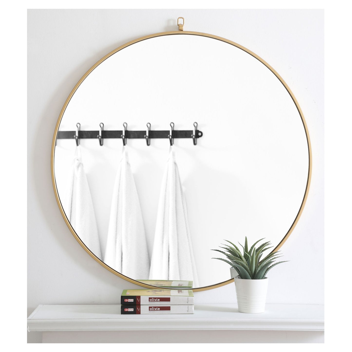 MR4065BR Rowan 42" x 42" Metal Framed Round Mirror with Decorative Hook in Brass