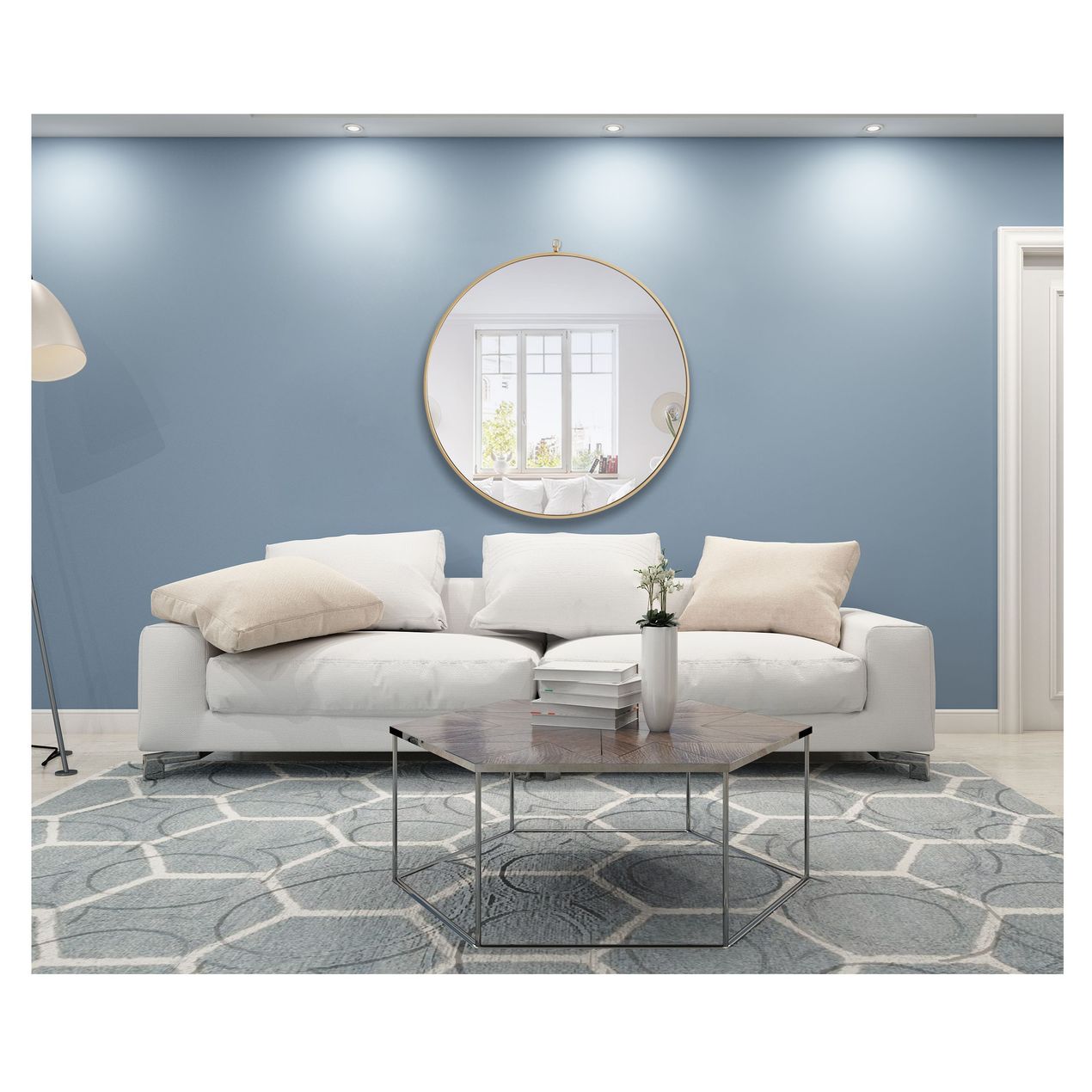 MR4065BR Rowan 42" x 42" Metal Framed Round Mirror with Decorative Hook in Brass