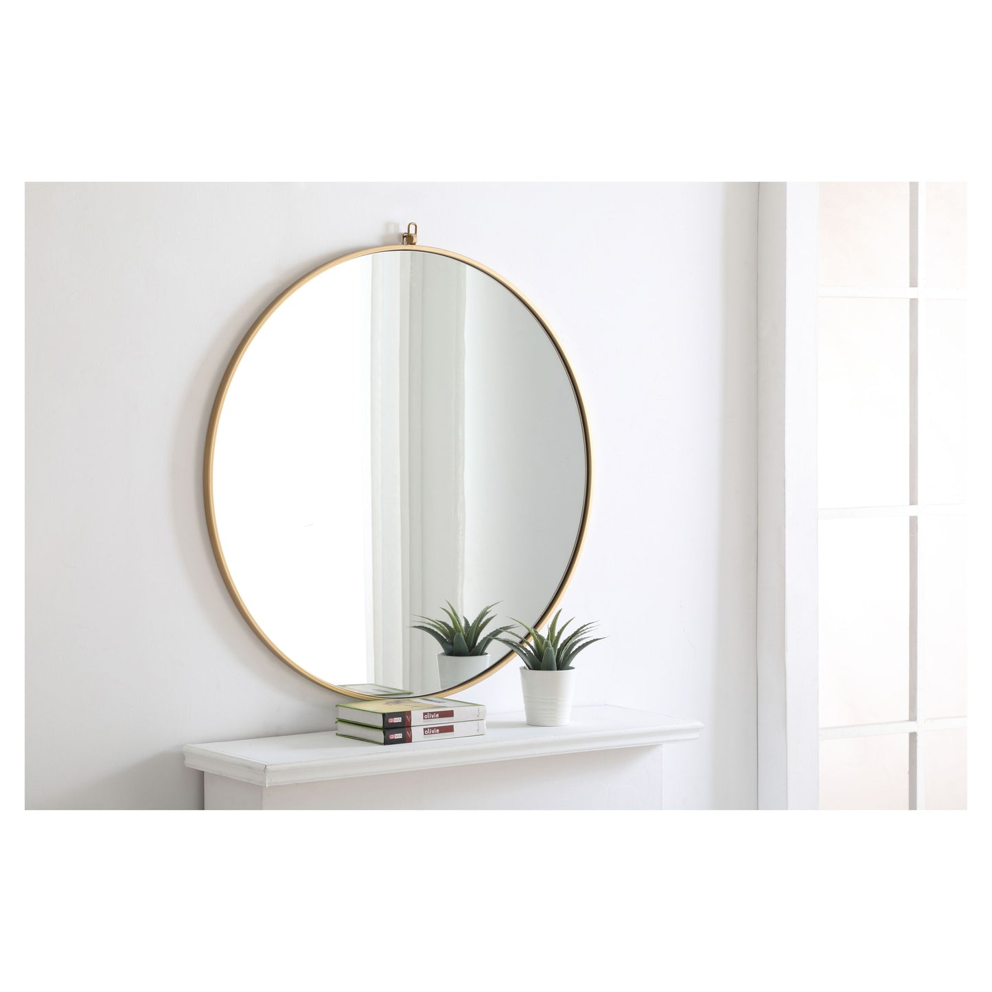 MR4065BR Rowan 42" x 42" Metal Framed Round Mirror with Decorative Hook in Brass