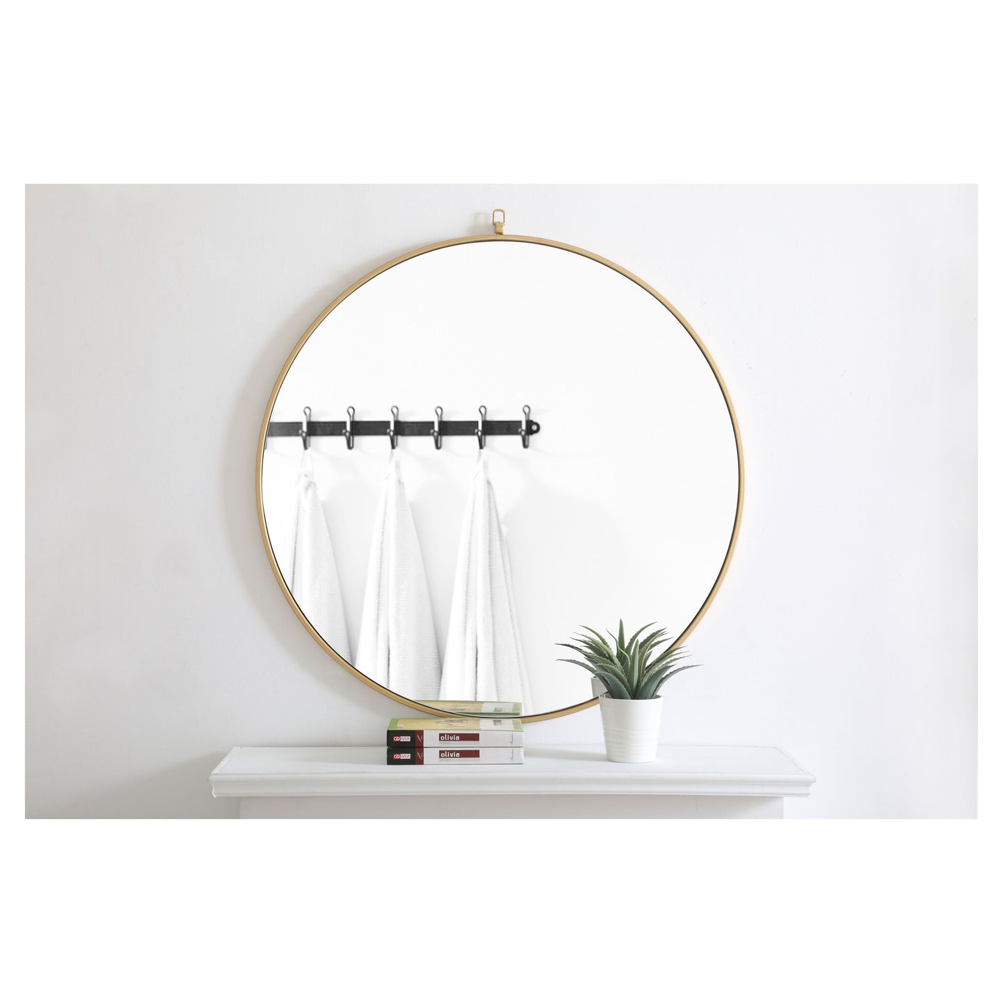 MR4065BR Rowan 42" x 42" Metal Framed Round Mirror with Decorative Hook in Brass