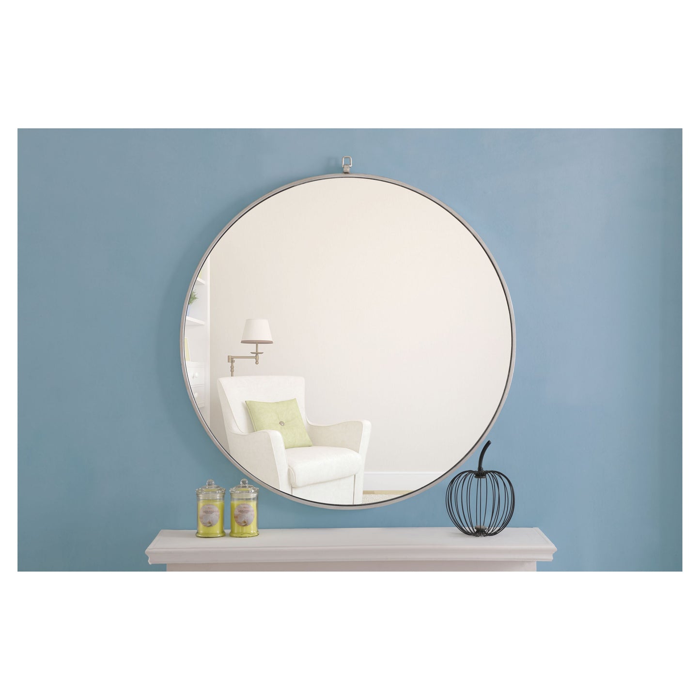 MR4066S Rowan 42" x 42" Metal Framed Round Mirror with Decorative Hook in Silver