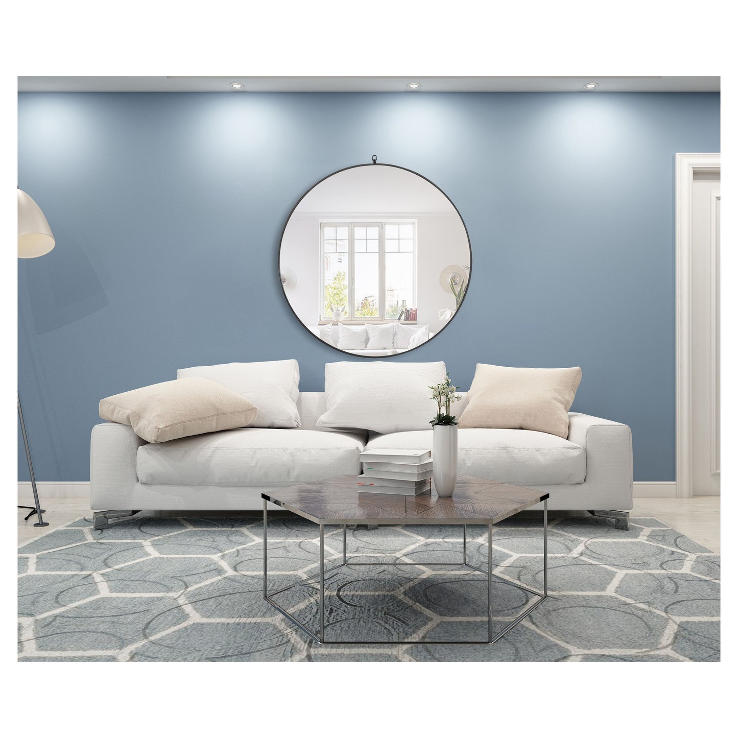 MR4067BK Rowan 48" x 48" Metal Framed Round Mirror with Decorative Hook in Black