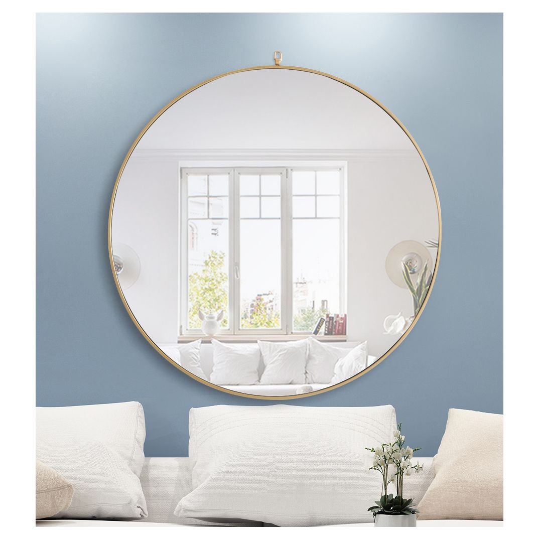 MR4068BR Rowan 48" x 48" Metal Framed Round Mirror with Decorative Hook in Brass