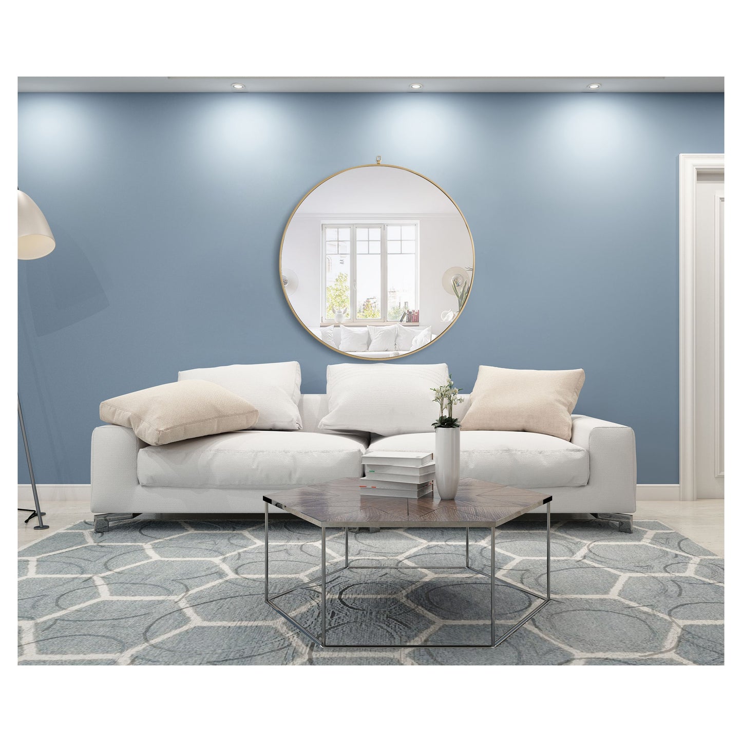 MR4068BR Rowan 48" x 48" Metal Framed Round Mirror with Decorative Hook in Brass