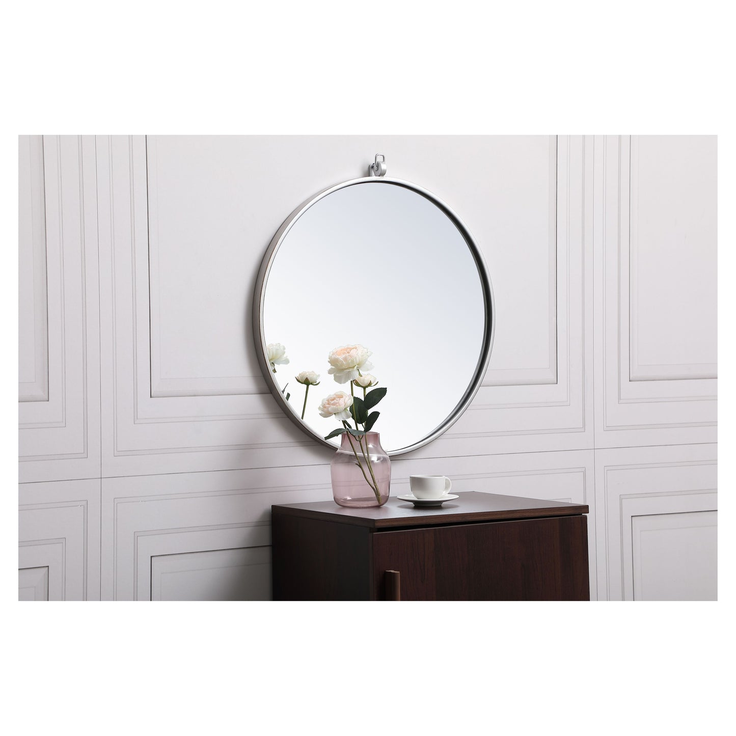 MR4721S Rowan 21" x 21" Metal Framed Round Mirror with Decorative Hook in Silver