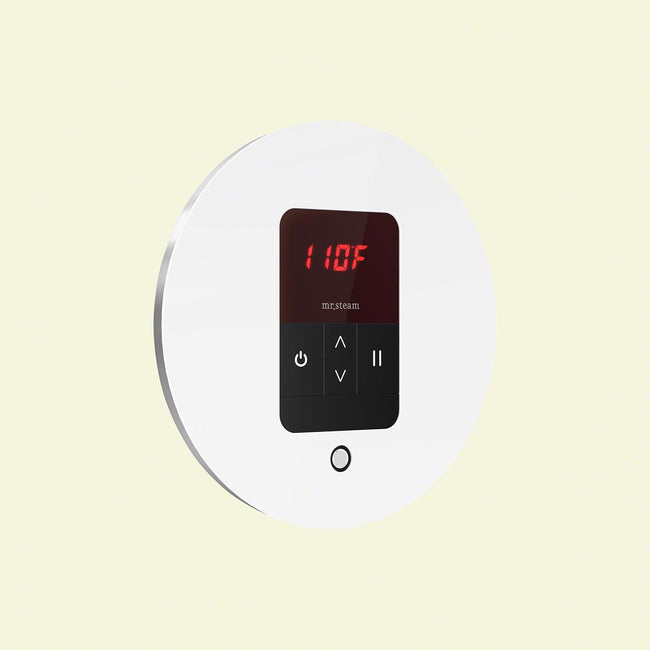 iTempo Round Steam Shower Control in White with Polished Chrome Bezel