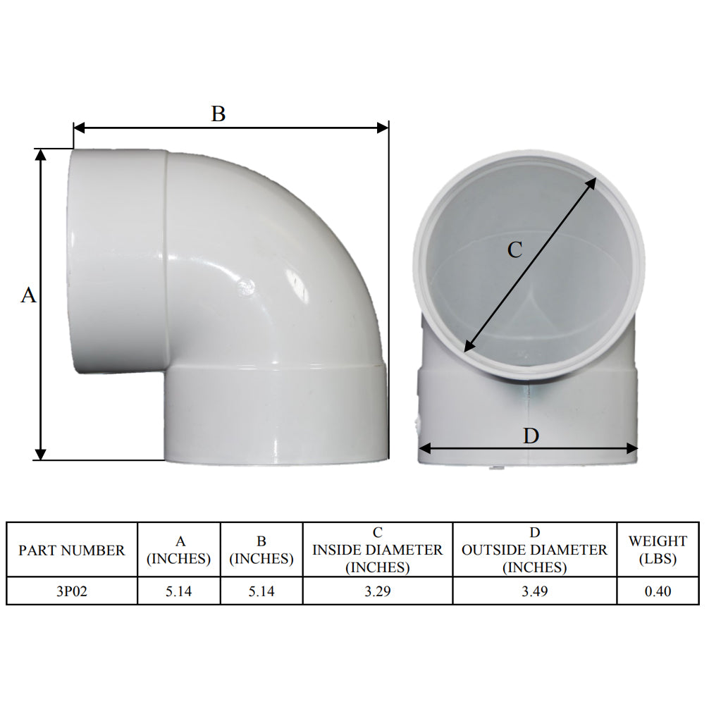 NDS 3P02 - 3" PVC 90-degree Elbow Hub x Hub