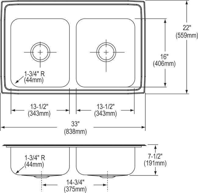 Elkay PSR33224 - Elkay Celebrity Stainless Steel 33" x 22" x 7-1/2", Equal Double Bowl Drop-in Sink