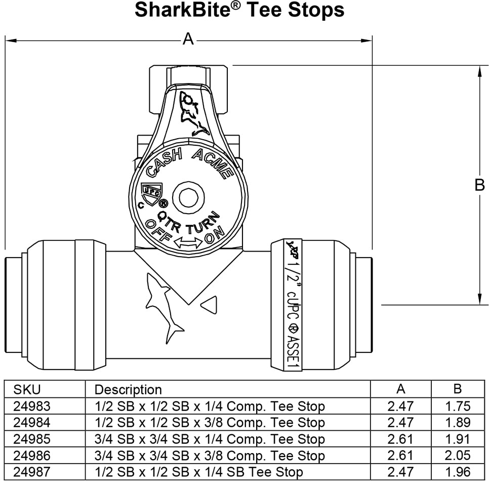 SharkBite 24983 - 1/2" Sharkbite x 1/2" Sharkbite x 1/4" Compression Service Tee Stop